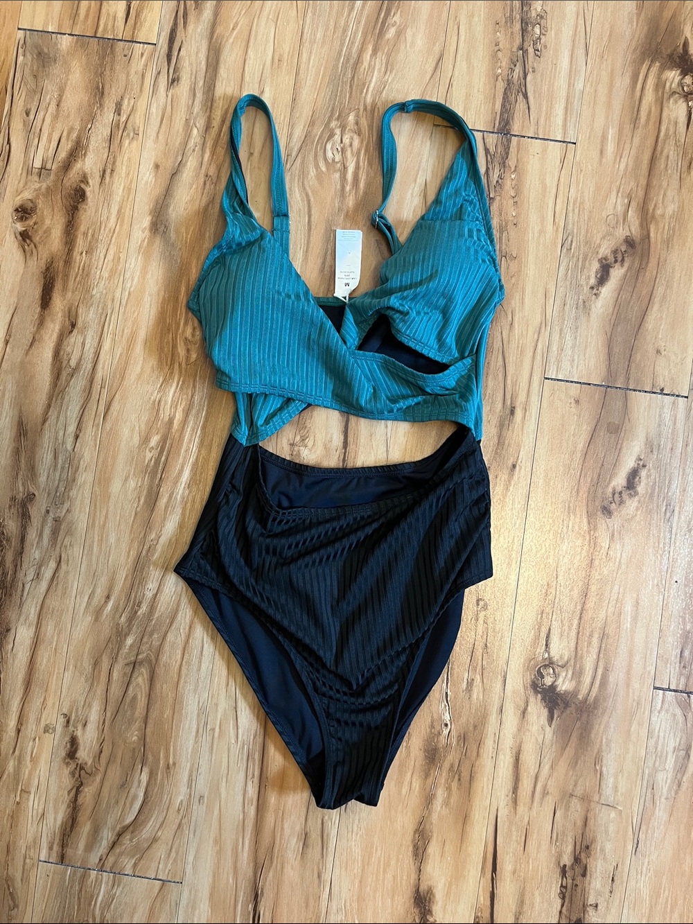 Teal and Black One-Piece Cutout Swimsuit